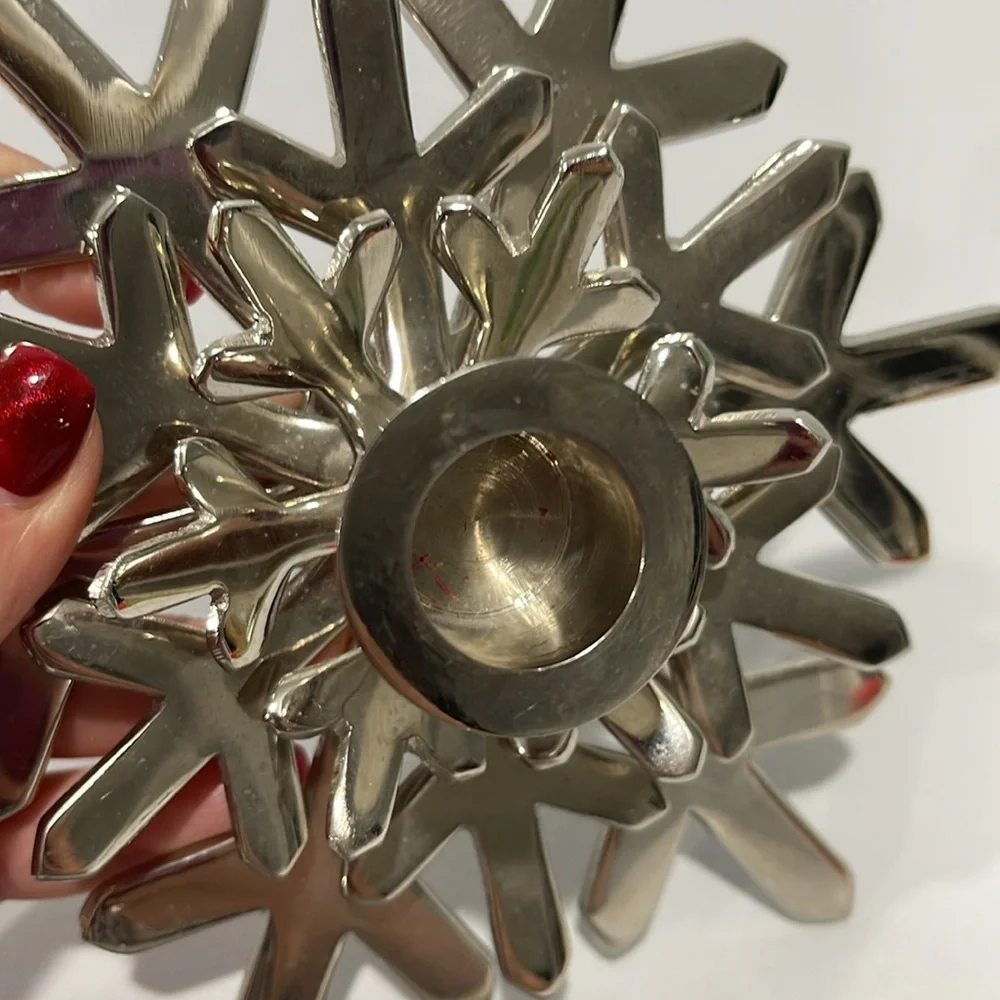 Crate & Barrel Silver Shiny Snowflake Taper Candle Holder